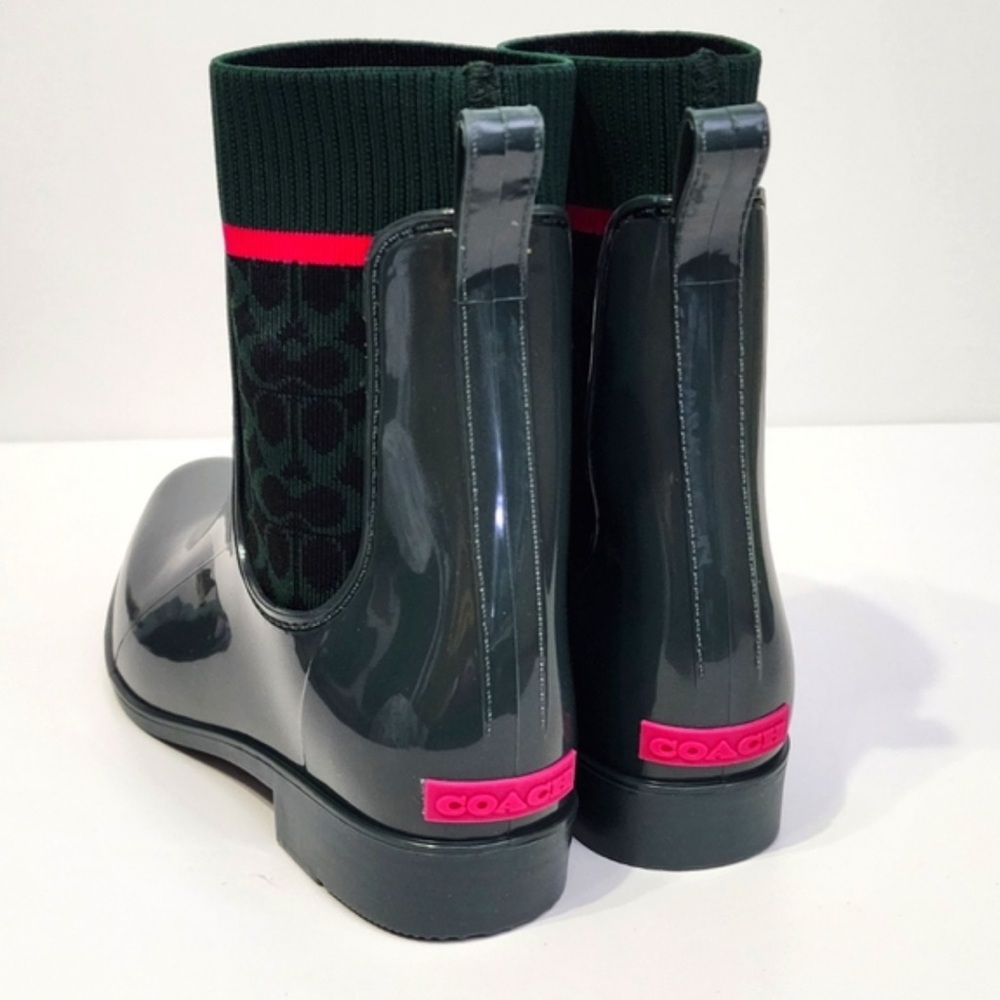 New Coach Dark Green and Pink Rain Boots | Size 7